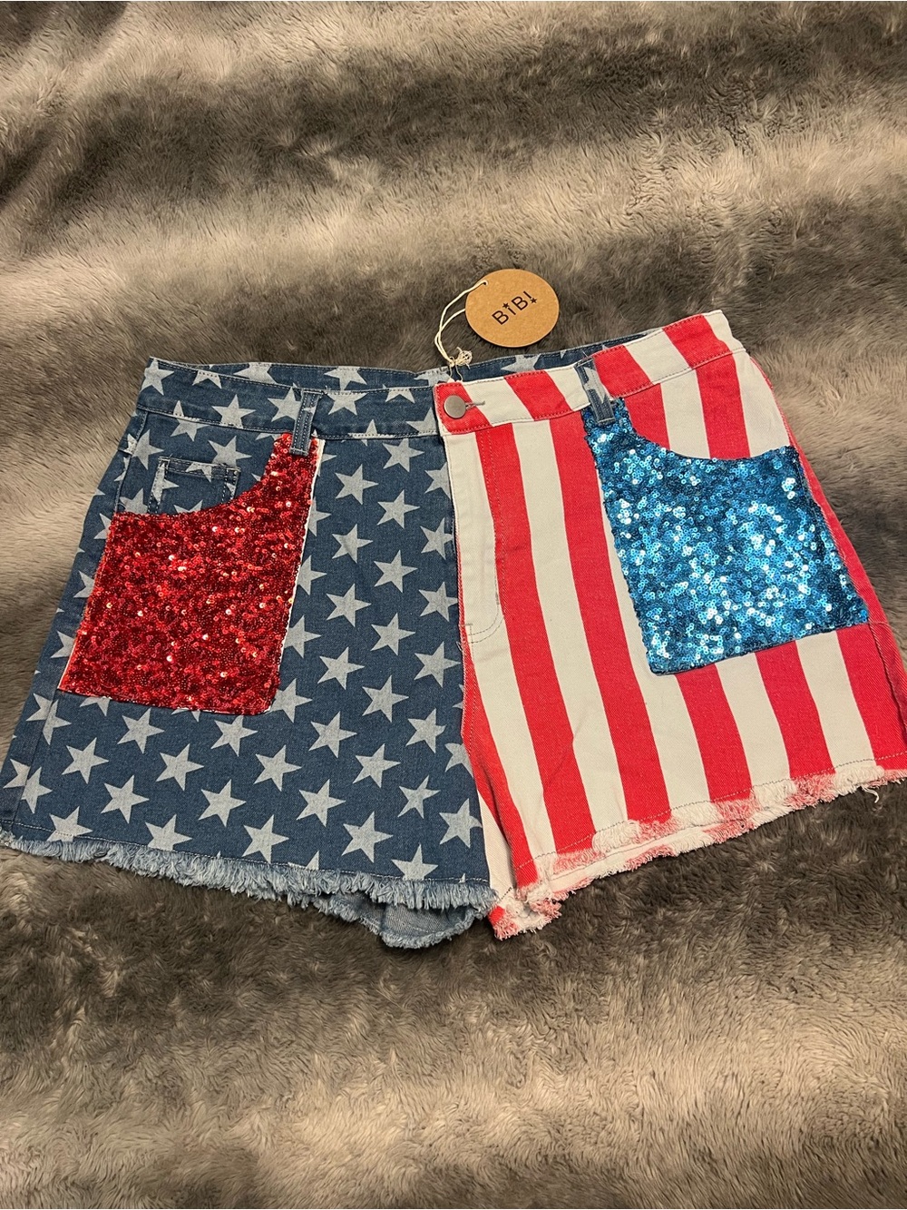 ❤️🤍💙 BiBi Red & Blue Sequin Star-Stripe Denim Shorts